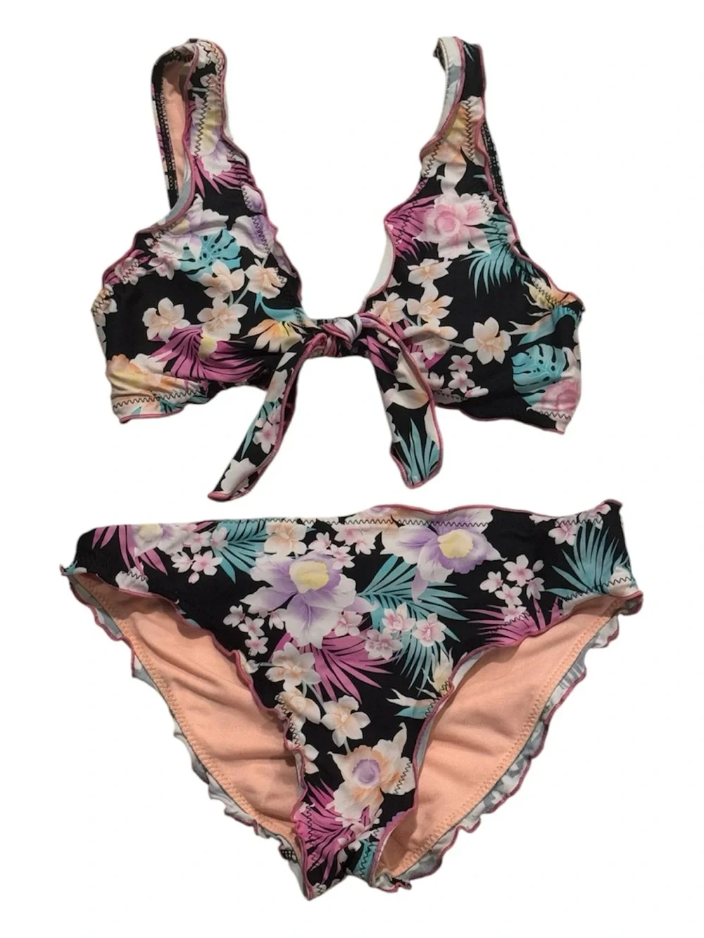 Floral Tie-Front Bikini Set - Black with Pink & Teal Flowers